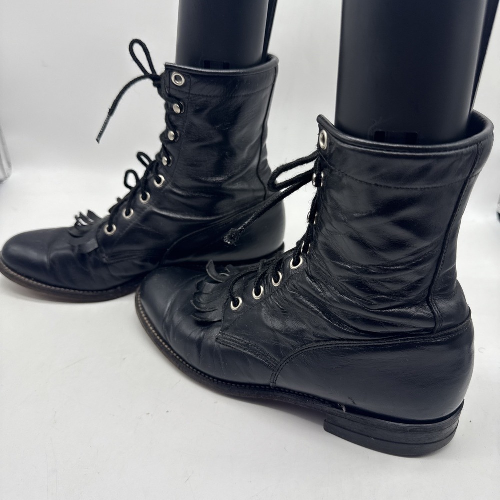 Vtg Justin Boots Womens 6.5B Black Leather Lace Up Combat Fringe Kiltie USA - Picture 6 of 15